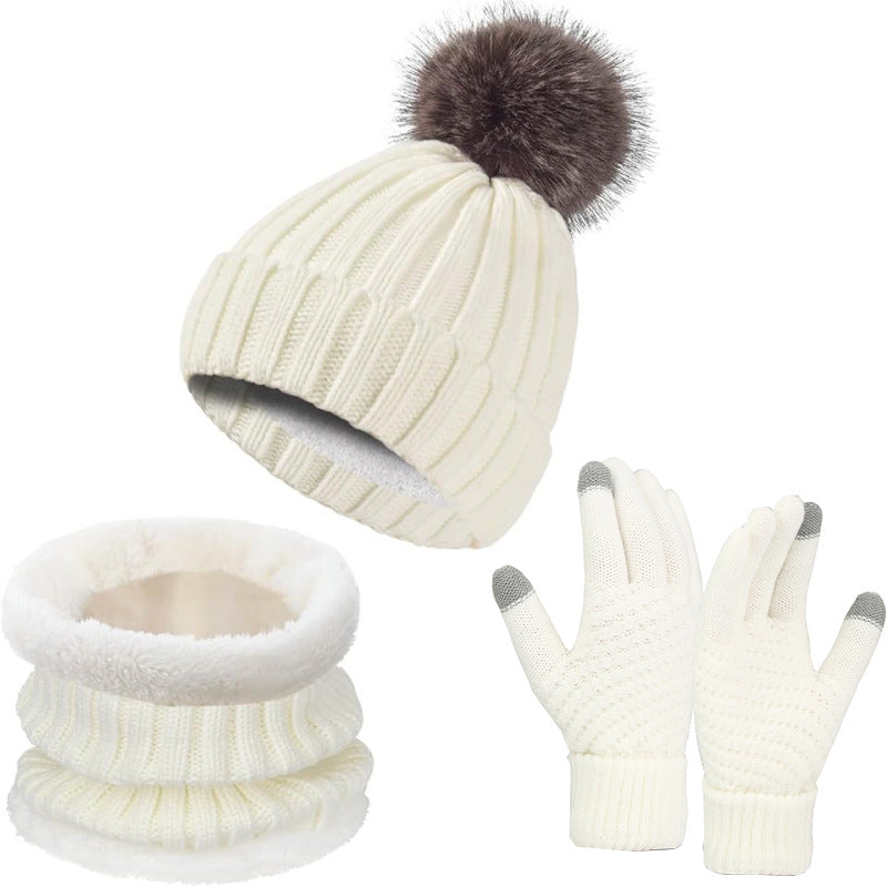 Wholesale Knitted Wool Warm Plus Velvet Thick Winter Scarf Gloves Hat Neck Three-piece Set